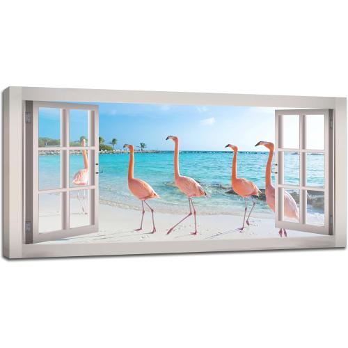 Flamingo Beach Ocean Large Wall Art Coastal Pictures Wall Decor Pink Flamingos Landscape 3d Window Big Canvas Prints Framed Modern Painting Artwork for Hotel Bathroom Living Room Office 60x30