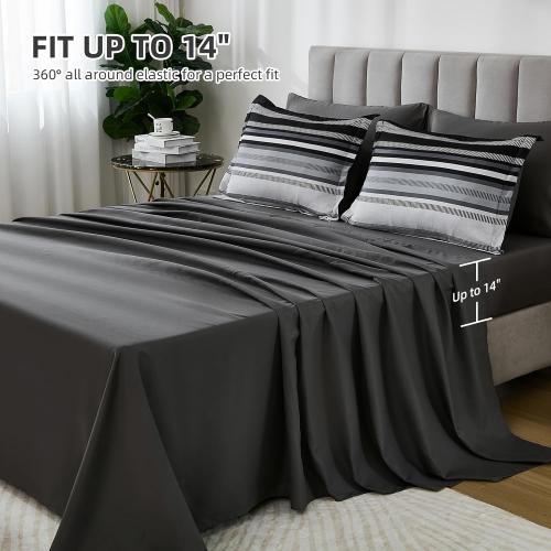 Dobuyly Black Comforters Queen Size Set 7 Pieces, Boho Striped Grey Bed in a Bag Queen Soft Microfiber Bedding Set with Comforter, Sheets, Pillowcases & Shams All Season