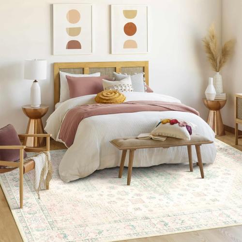 MUJOO 8x10 Area Rugs,Washable Rugs for Living Room Dining Room Bedroom,Large Boho Throw Carpet,Non Slip Big Indoor Low Pile Light Pink and Green