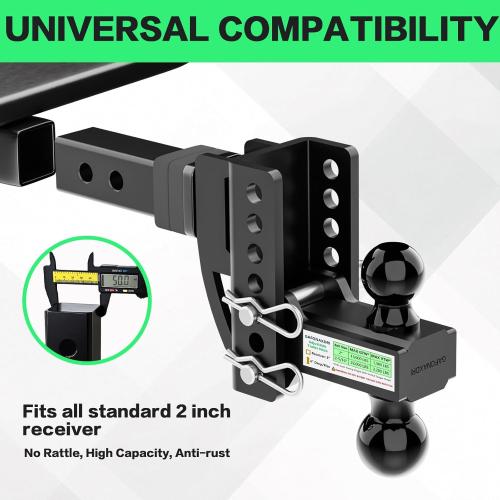Adjustable Trailer Hitch for 2 Inch Hitches Receiver, Extra Heavy Duty 22,000 LBS Towing Weight, 2'' & 2-5/16'' Tow Dual Ball, 4'' Drop/Rise, Bulletproof Pin Lock, Anti Rust, Anti Rattle, Black