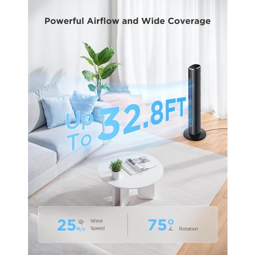 GoveeLife Black Tower Fan for Bedroom, 36 Smart Floor Fan with App/Voice Control, Temperature Sensor, 5 Modes 8 Speeds(25ft/s), 29dB Quiet Oscillating Fan for Office, 24H Timer, Auto Cooling