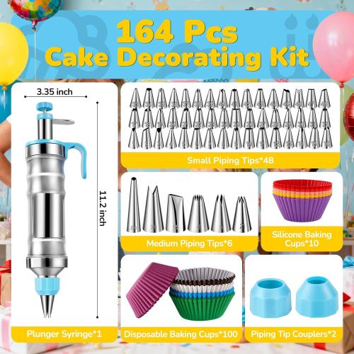 Cake Decorating Tools Supplies Kit: 164pcs Baking Accessories, Dessert Piping Syringe and Icing Tips Set - Puffs Cupcake Frosting Piping Bakery Set for Adults Beginners or Professional, Blue
