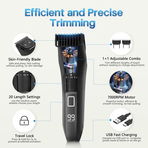 Beard Trimmer for Men, 20 Length Adjustable, Cordless Waterproof Clippers, Stainless Steel T-Blade for Precision Facial Hair Trimming with 2 Guide Combs, Travel Lock, LED Display