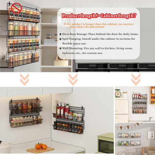 X-cosrack Upgraded Foldable Large 4 - Tier Wall Mounted Spice Rack Organizer, Stackable Storage with 5 Hooks, Holds 80 Jars for Kitchen Pantry Organization (Patent:D909138S)