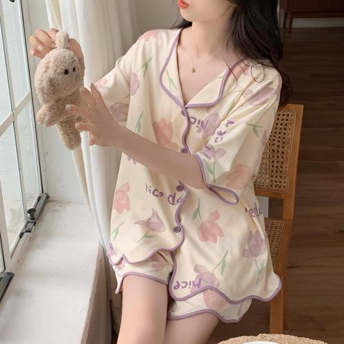 Size XL Cute Button Up Pajamas Women Summer Kawaii Pajama Set Short Sleeves Short Pants Cardigan With Pocket Pjs Sleepwear