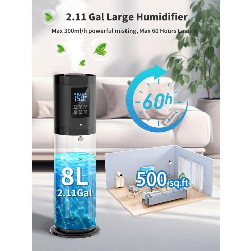 8L Humidifiers for Bedroom, 30dB Quiet, 500ft² Coverage, 60H Runtime, Top Fill, 3-in-1 Humidifier Large Room & Essential Oil Diffuser & Ambient Light, Sleep Mode, 16H Timer, Auto Shutoff Protection