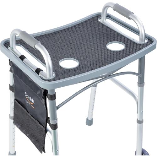 Walker Tray for Seniors with Dual Cup Holders, Side Pouch and Non-Slip Pad, Lightweight Durable Food & Drink Table, Compatible with Walker of 10210-1 Model (Gray)