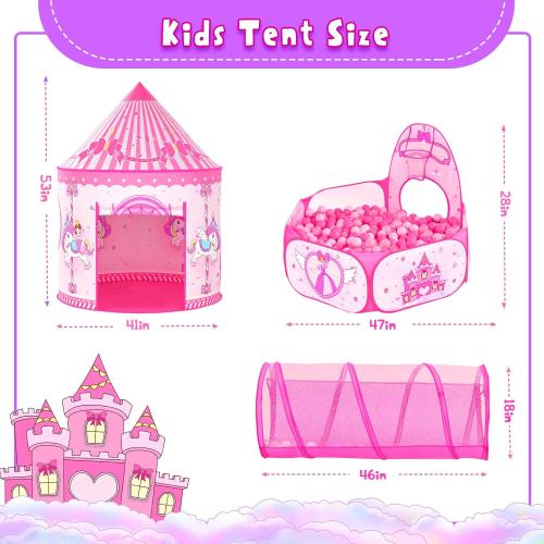 3 in 1 Girls Princess Play Tent for Kids: Pop Up Toddlers Playhouse with Baby Crawl Tunnel, Ball Pit and Castle Tent - Pink Children Play Tent Toys Indoor and Outdoor Game for Birthday Gift