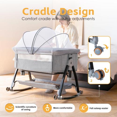Bedside Crib, 3 in 1 Bassinet with Quick Height Adjustment and Mosquito Nets Rocking Bassinet for Baby, Bedside Bassinet with Wheels, Easy to Fold, Golden Triangle Structure（Grey）