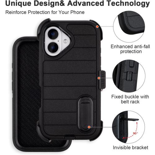 Black for iPhone 16 Case with Belt Clip Holster, Heavy Duty Rugged Military Grade Shockproof Cases for iPhone 16 Case Protective Cover with Kickstand 6.1 Inch