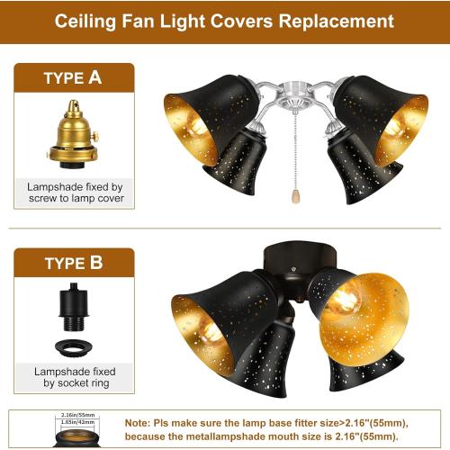 Ceiling Fan Light Covers, 3 Pack Pendant Light Shade Replacement with 1-5/8 Fitter, ALUCSET 4.5 Height and 4-3/4 Diameter, Metal Bell Shaped Cover for Chandelier Pendant Light Wall Sconces Series