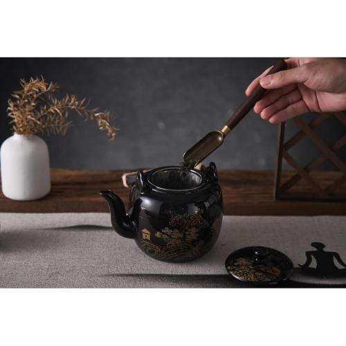 DUJUST Traditional Japanese Tea Pot, Black Porcelain Chinese Teapot with Stainless Infuser, Beautiful Asian Teapot for Adults, Tea Lover/Women/Men (Countryside in Golden)