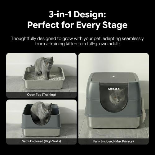 Solpobei Stainless Steel Cat Litter Box, Medium | Small cat pan with lid, 18.7 in length, deep high sided, odor control