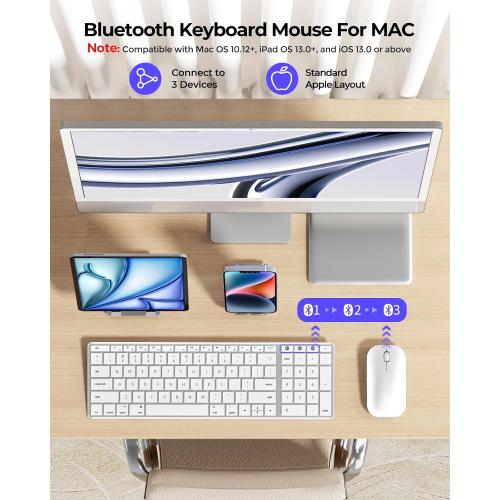seenda Bluetooth Keyboard and Mouse for Mac, SKM64-2 Multi-Device Rechargeable Slim Wireless Keyboard Mouse Stainless Steel Full Size, Compatible with MacBook Pro/Air, iPad, Mac - White Silver