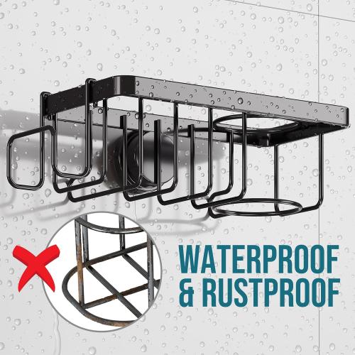 TAILI Sponge Holder with Strong Suction Cup, 4-in-1 Rustproof Sink Organizer - Sink Caddy Holds Sponges, Brushes, Stoppers & Scrapers - Black