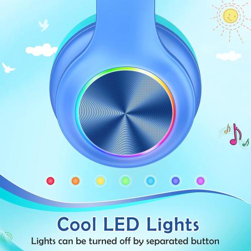 Kids Bluetooth 6.0 Headphones with LED Light, 85Hours Playtimes, Type-C Fast Charging, 85/94dB Volume Limited, Comfort Wireless Headphones with Built-in Mic, Wired & TF Card Mode, Blue