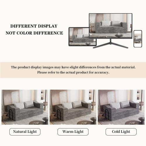 80 King Size Convertible Sofa Bed Sleeper, Foldable Futon Couch with Memory Foam & 2 Pillows, Chenille Fabric Modular Loveseat for Small Spaces, Apartment, Living Room, Studio (Gray, 80in)