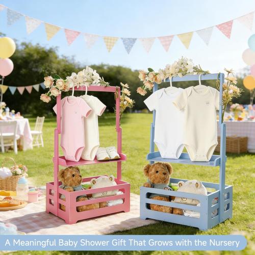 Baby Shower Crate Closet, Gender Reveal Storage Box with Wooden Baby Clothing Display Rack, Nursery Closet Organizer with Hanging Rod, Shelf & Toy Crate for Newborn Boy or Girl - Blue