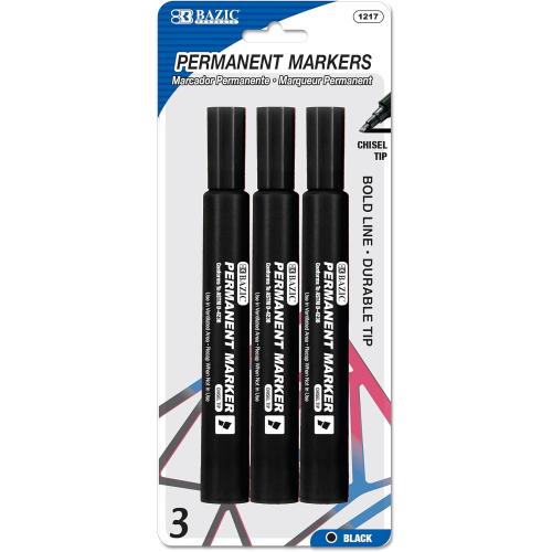 BAZIC PRODUCTS Permanent Marker Chisel Tip, Jumbo Wide Black Color Markers, Coloring on Plastic Wood Metal Glass Stone for Art Office (3/Pack), 1-Pack