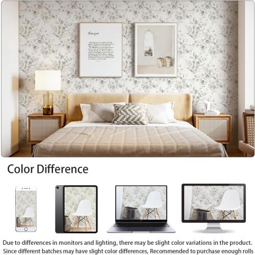 Naphite Floral Wallpaper Peel and Stick Wallpaper for Bedroom Grey Floral Boho Contact Paper for Cabinets Drawer Self Adhesive Removable Farmhouse Contact Paper Eucalyptus Leaf Nursery 17.3inW 78.7inL