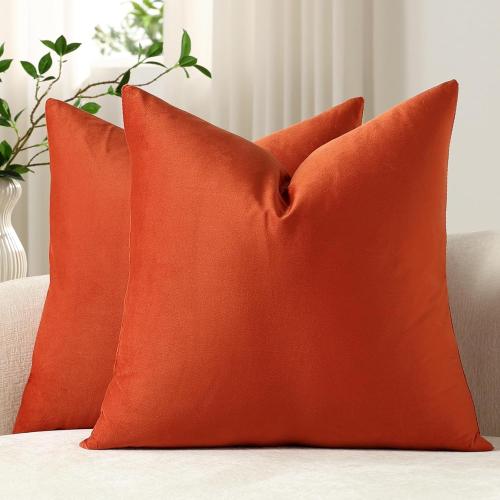 DEZENE Euro Sham Covers 24x24 Burnt Orange: Pack of 2 Cozy Soft Velvet Square Modern Luxury Decorative Throw Pillow Cases for Sofa Couch Living Room Bed Home Decor