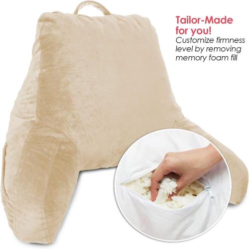 Clara Clark Reading Pillow, Back Rest Pillow for Sitting in Bed with Arms for Kids & Adults - Premium Shredded Memory Foam TV Sit Up Pillow - Medium, Cream