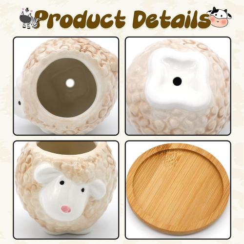 Small Ceramic Succulent Pots - 6 Pack 3 Cartoon Animal Shape Planters Indoor & Outdoor with Drain Holes and Bamboo Tray for Succulents, and Herbs