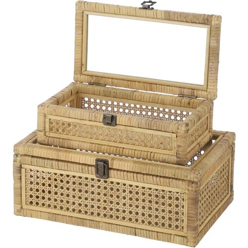 Rattan Decorative Boxes with Glass Lids, Set of 2 Large Rectangular Woven Wicker Display Baskets, Boho Handcrafted Storage Bins for Shelf & Home Decor