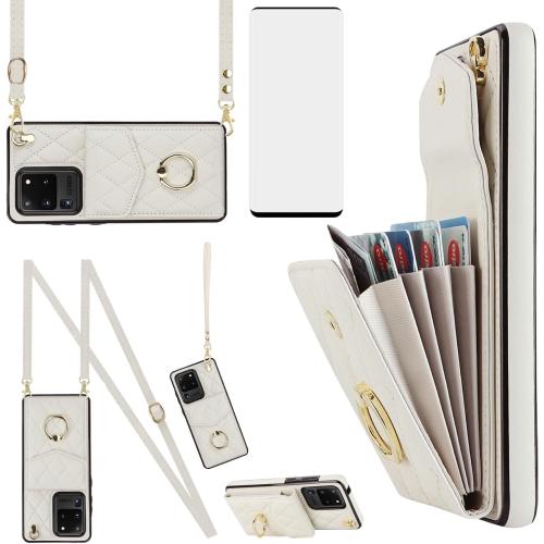 Asuwish Phone Case for Samsung Galaxy S20 Ultra 5G Wallet Cover with Tempered Glass Screen Protector and Ring RFID Blocking Credit Card Holder Cell S20ultra 20S S 20 A20 S2O 20ultra G5 Women Off White