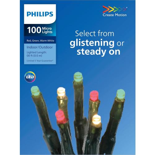 PHILIPS Concave Mini Lights with Selectable Twinkle Feature - 100 Red, Green, & Warm White LED Lights on Green Wire - 33-Foot Total Lighted Length Twinkle String Lights