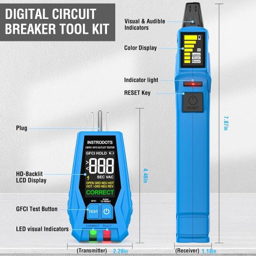 Circuit Breaker Finder Tool with Accessories, 90-135V AC Digital Breaker Finder with Integrated GFCI Outlet Tester, Circuit Tracer with Buzzer Alarm & Color Display, Includes Carrying Case