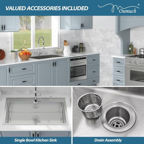 33 Inch Drop In Kitchen Sink - 33x19 Stainless Steel Kitchen Sink T304 18 Gauge Topmount Sinks Single Bowl Handmade Sinks Above the Counter, 9 Deep