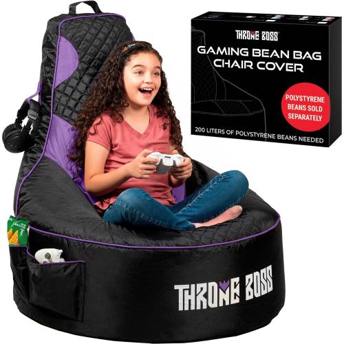 Throne Boss Gaming Bean Bag Chair Cover for Kids with High Back, Purple – Floor Gaming Chair Cover, Easy to Clean Fabric, Large Side Pockets, Headphone Hanger, Requires 200 Liters Polystyrene Beans