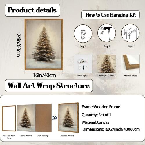 Vintage Christmas Tree Wall Art, Winter Holiday Botanical Wall Decor Paintings, Rustic Pine Tree Canvas Prints Artwork Picture for Farmhouse Mantel Bedroom Living Room  Wood Framed