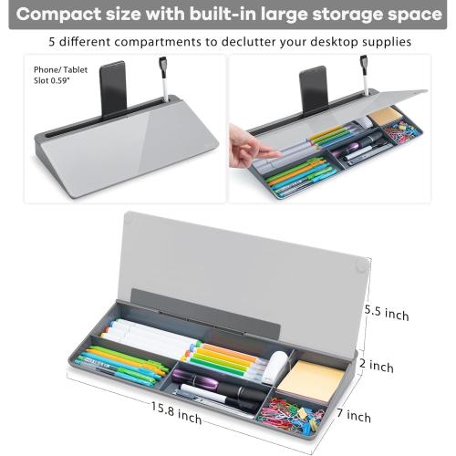 Varhomax Glass Desk Whiteboard with Storage, Desktop Organizer to-do List Memo Notepad Dry Erase White Board for Home Office and School Supplies (GrayBoard)