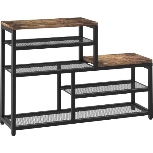 Shoe Rack Bench Shoe Storage Organizer with Seat, 5-Tier Industrial Free Standing Shoe Rack for Entryway, Narrow Shoe Rack Organizer Shelves for High Heels, Entryways, Hallways, Closets,Brown