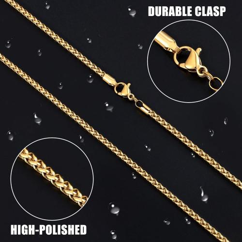 Fiusem Gold Plated Wheat Chain Necklace for Men, 2/2.5/3/4/5mm Gold Stainless Steel Necklace Chains for Men and Women 16-28 Inch, Jewelry Gift