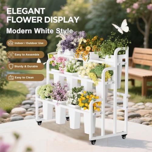 Flower Display Stand with 11 Buckets, Moving Florist Bouquet Shelf, Upgrade 360° Swivel Wheels and Brake, Flower Cart 3 Layers for Indoor, Outdoor Patio Garden, Living Room, Florist (White)