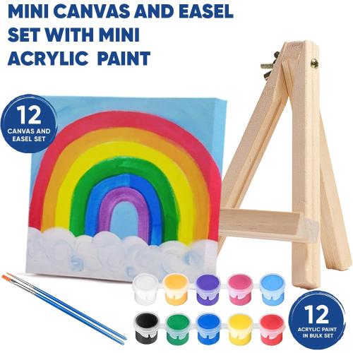 Mini Canvas and Easel Set with 10 Colors Acrylic Paint in Bulk Set of 12 - Kids Art Party Favors & Party Supplies - 4x4 Small Canvases for Painting with Mini Easel - Paint for Kids