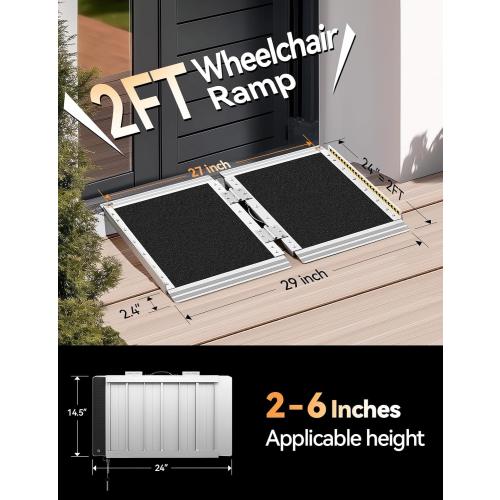 FACHNUO 2 Feet Portable Wheelchair Ramp, Non-Skid Aluminum Handicap Ramps with Handle, Folding Threshold Wheel Chair Ramp for Home Steps, Stairs, Entry, Threshold, Doorways, Scooter, 800LBS Capacity