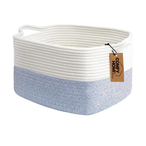 COMFY-HOMI Cotton Rope Woven Basket with Handles for shelf，Toy, Book, Cloth Storage Basket for Organizing-13.5X11X9.5 Storage Bin for Living Room, Newborn or Infant Gift for boy girl （White/blue）
