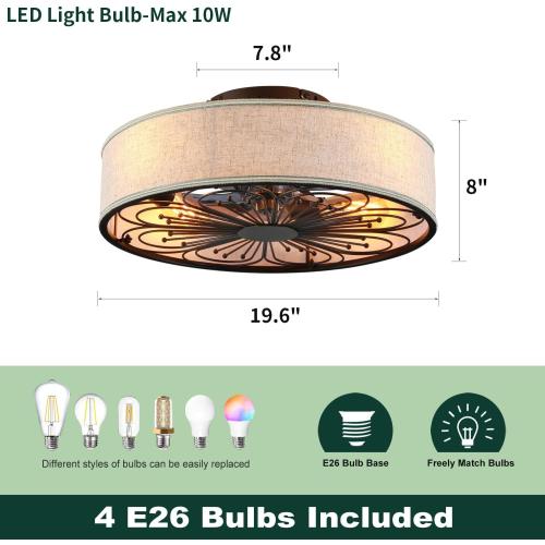 20 Boho Rattan Caged Ceiling Fan with Light,Low Profile Flush Mount Bladeless Ceiling Fan with Remote Control, 6 Speeds Reversible Silent Motor, Farmhouse Fabric Fandalier for Bedroom,Living Room