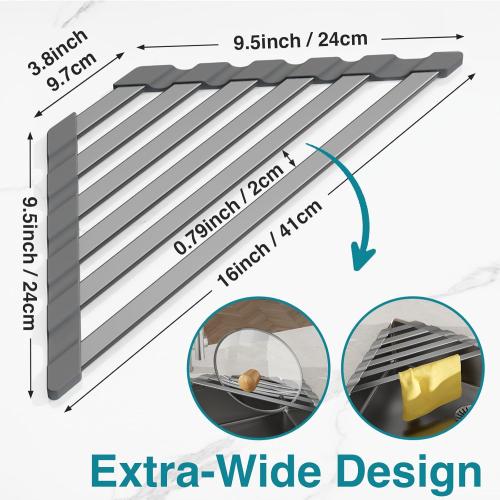 Corner Sink Drying Rack, 16x9.5 Rust-Proof Aluminum Triangular Dish Drainer, Heat Resistant Roll Up Mat for Kitchen Counter, Sponge Holder & Organizer with Non-Slip Silicone Base, Gray