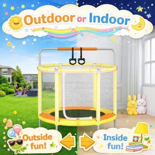 55 Trampoline for Kids with Enclosure, 4-in-1 Toddler Trampoline Indoor Outdoor, 440lbs Capacity Upgrade Trampolines with Adjustable Gymnastics Bar & Toys, for Boys & Girls, Easy to Assemble