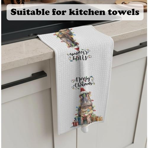 Christmas Hippo Kitchen Hand Towels,Christmas Decorations Tea Towels Dish Rags,Gifts for Women Hippo Lovers,Xmas Kitchen Bathroom Decor,16x24 Inch