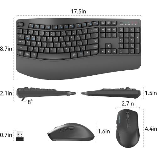 Wireless Keyboard and Mouse Combo,2.4G Full Size Wave Keys Ergonomic Keyboard with Wrist Rest for Natural Typing, 3 DPI Adjustable Ergonomic Silent Mouse for Computer/Laptop/Windows/Mac (Gray)