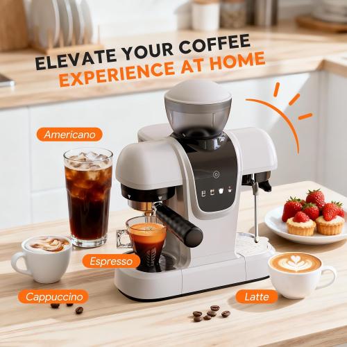 RECAFIMIL Semi-Automatic Espresso Machine with Grinder, 20 Bar, Compact Professional Coffee Maker with Milk Frother, Latte & Cappuccino, Perfect for Home Use, White