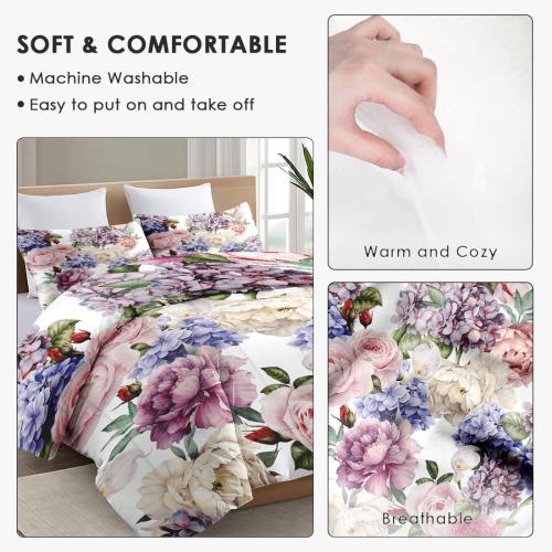 White and flowers King Size Comforter Set with 2 Pillowcases, Painting Floral Rose Flower Hydrangea Soft 3 Pcs Bedding for Kids and Adults Bedroom Bed Decor