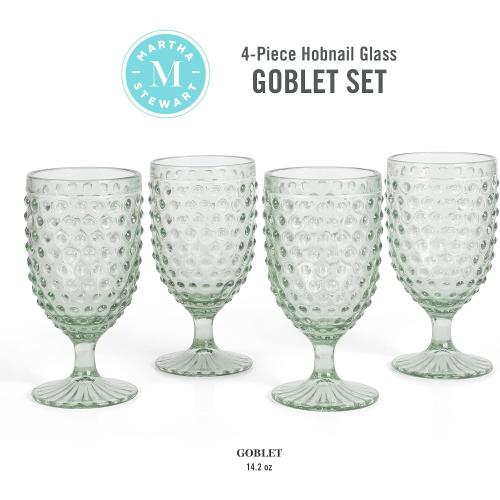 Martha Stewart Chauncey 4-Pack Hobnail Glass Goblets, 14.2 oz – Handmade Green Vintage Drinking Glasses, Textured Glassware for Water, Wine, or Entertaining
