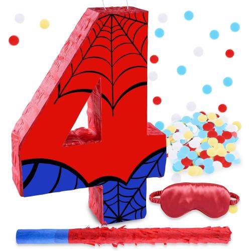 16 Inch Number 4 Spider Pinata with 16 Inch Piñata Stick Blindfold Confetti for Boy Girl Kids 4th Birthday Party Decorations (4th)